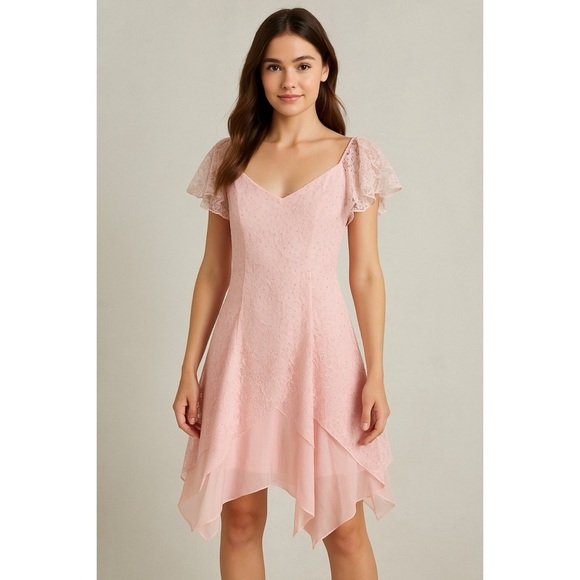 Nuance Dresses & Skirts - Nuance x Vintage 80s Cinderella Pink Tiered Asymmetrical Lace Rhinestone Dress